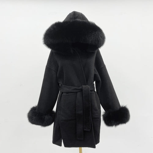 Oversized Fur Collar Hooded Double-Sided Wool Coat – Luxurious Warmth